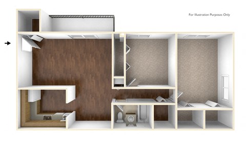 Floor plan for 2 beds, 1 bath, 986 sqft
